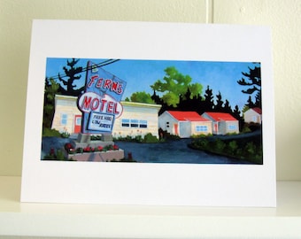 Fern's Motel Greeting Card - Route 1 Saugus Massachusetts - Roadside America - Old Neon Sign - bright blue - blank greeting cardand red