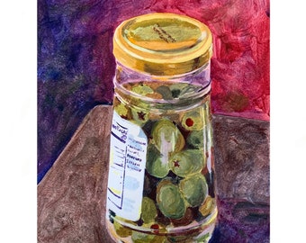 Olive Jar Original Acrylic Painting by Daisy Adams - purple and green art - food still life - 9 x 12 one of a kind art