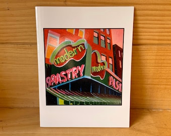 Modern Pastry greeting card - Boston - Little Italy - neon green and pink - city scene - retro neon sign - North End Boston Artwork