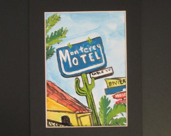 Monterey Motel, Acrylic Study on Paper by Daisy Adams - Tucson Arizona - Cactus - blue green painting - summer landscape - vacation art