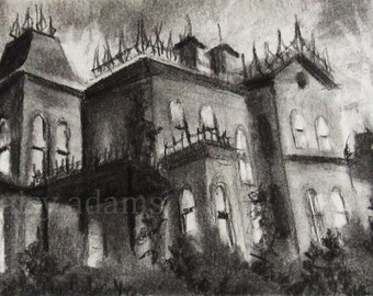 Charcoal Drawing "Miss Havisham's" by Daisy Adams - original drawing - black and white - 4x6 - mansion - Dickens - dark - ooak