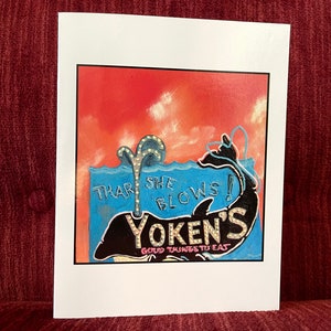 Yoken's Restaurant Greeting Card - blank card - New Hampshire - Whale - RETRO - hot pink blue - Yoken's Whale Sign Art - Route 1 America