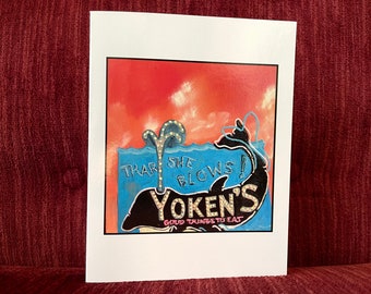 Yoken's Restaurant Greeting Card - blank card - New Hampshire - Whale - RETRO - hot pink blue - Yoken's Whale Sign Art - Route 1 America