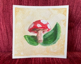 Acrylic Painting on Paper “A Mushroom” by Ida - Amanita Mushroom Painting - Red and White Mushroom - Kids Art - Tiny Art