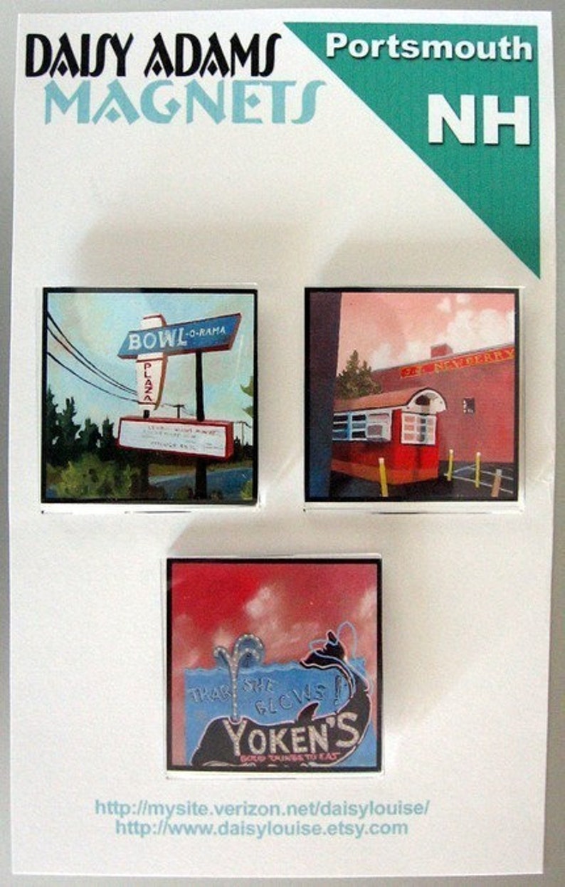Set of 3 Roadtrip Magnets Portsmouth, NH Yoken's, Gilley's Hot Dogs, Bowl-o-Rama bowling alley new hampshire Route 1 New Hampshire image 4