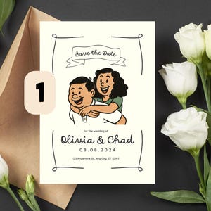 Convite de casamento personalizado com desenho animado | Retrato de casal personalizado | Convite de desenho animado engraçado | Download digital exclusivo para salvar a data