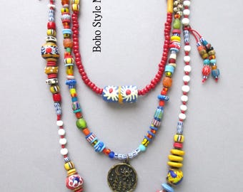 Original Handmade Long Colorful Boho Beaded Art Necklace, Unique Artisan Bohemian Jewelry, International Beads