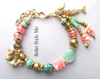 Handmade Gemstone Beaded Bracelet, Gold Fish Charm, Bohemian Jewelry