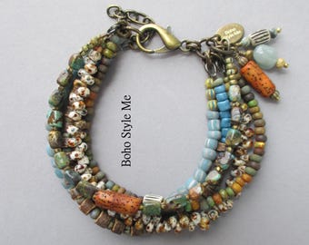 Natural Earthy Artisan Bracelet, Rustic Nuetral Color Beaded Layer Bracelet, Boho Style Me
