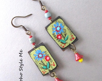 Hand Painted Flower Dangle Earrings, Antique Copper Czech Glass, Boho Style