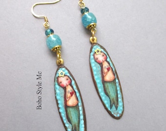 Handcrafted Mermaid Princess Earrings, Hand Painted Collage Earrings, Boho Style Me Artisan Jewelry