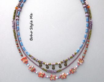 Beaded Layer Necklace: Funky Flower, Amethyst, Hippie Style, Boho Style Me