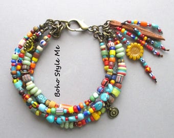 Boho Sunflower Beaded Bracelet: Turquoise, Patina, and Global Beads