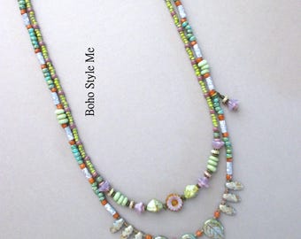 Handmade Beaded Serenity Nature Necklace, Artisan Modern Hippie Jewelry, Boho Style Me