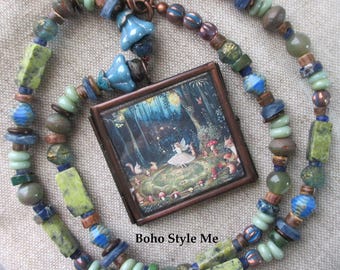 Fairytale Shadow Box Pendant Necklace, Beaded Nature Lover Jewelry, Unique Whimsical One of a Kind Gift