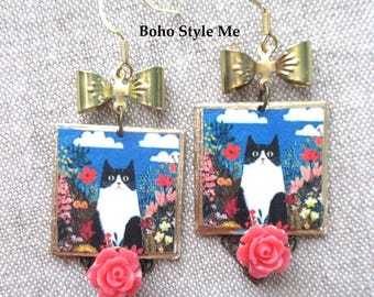 Handmade Tuxedo Cat Whimsical Kitty Portrait Earrings, Artisan Dangle Earrings, Boho Style Me