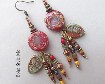 Handmade Artisan Dangle Earrings, Unique Lampwork Beads, Hand Knotted, Boho Style Me