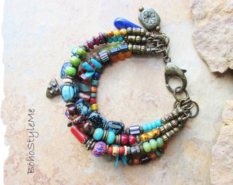 Colorful Mixed Rustic Stone Bohemian Bracelet Jewelry, BohoStyleMe, Handmade Boho Fashion Bracelet, Modern Hippie Jewelry