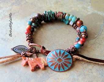 Boho Western Wild Pony Gemstone Beaded Button Bracelet, BohoStyleMe, Turquoise Stone Artisan Bracelet, Santa Fe Colors