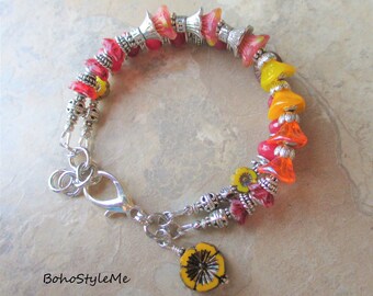 Boho Colorful Bright Gemstone Beaded Flower Bracelet, Pink Orange Yellow, BohoStyleMe, Artisan Jewelry, Modern Hippie Chic
