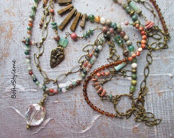 Gemstone Necklace, BohoStyleMe, Modern Hippie Jewelry, Beaded Necklace, Multiple Strand Crystal Pendant Necklace, Boho Style Me