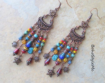 Boho Artisan Handcrafted Beaded Dangle Earrings, Bohemian Fashion Jewelry by BohoStyleMe, Long Colorful Fun Beaded Earrings