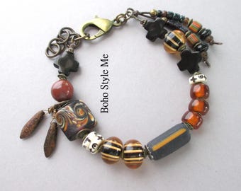 Handmade Lampwork Beaded Bracelet, Chunky Boho Jewelry