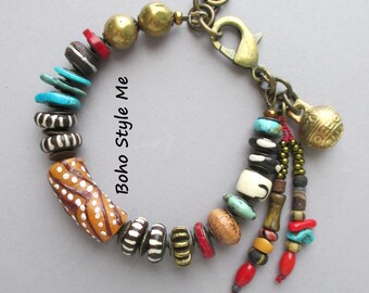 Handmade African Beaded Bracelet, Turquoise Coral Gemstone, Boho Style