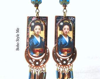 Geisha in Blue, Artisan Portrait Dangle Earrings, Handmade Statement Earrings, Boho Style Me