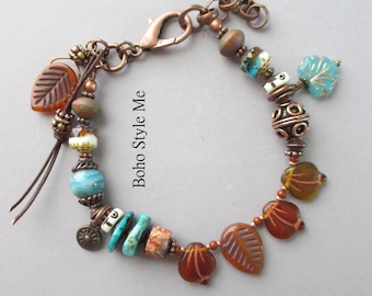 Handmade Turquoise and Rust Beaded Bracelet with Copper, Unique Artisan Jewelry, Boho Style Me