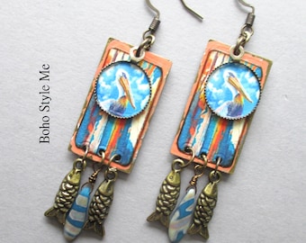 Handcrafted Collage Earrings, Pelican Portrait Art Prints, Unique Handmade Jewelry, Boho Style Me