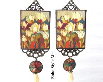 Handmade Fine Art Floral Earrings, Deep Rich Fall Colors, Artisan Flower Dangle Earrings, Boho Style Me