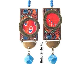 Asymmetrical Abstract Blue Larimar Earrings | Graphic Statement Dangles | Hammered Brass Jewelry Gift For Her