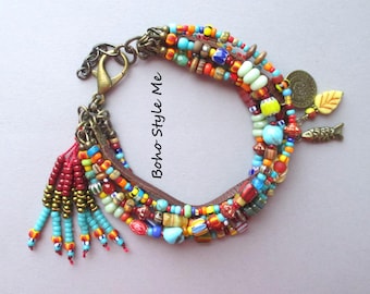 Turquoise Beaded Boho Bracelet: Leather, Trade Bead Tassel & Brass Charms, Boho Style Me