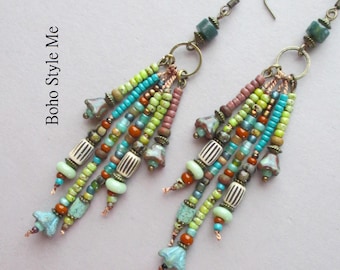 Hand Knotted Beaded Woodland Artisan Earrings, Nature Inspired, Forest Colors, Boho Style Me