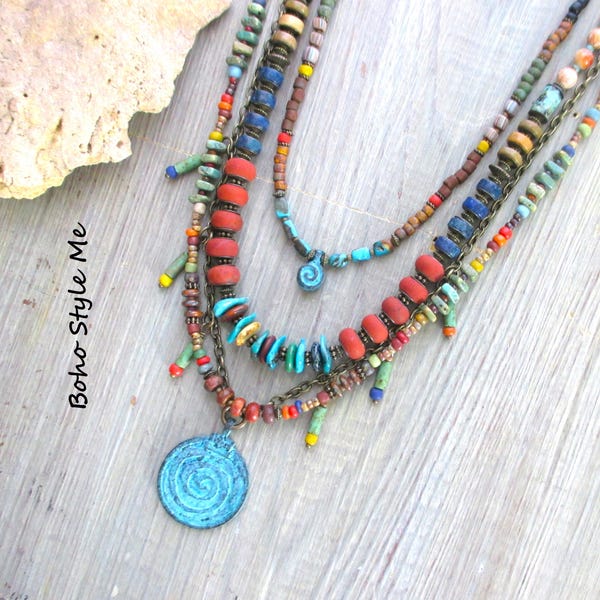 Free Spirit, Handmade Earthy Rustic Tribal Artisan Necklace, Turquoise Necklace, Unique OOAK Statement Necklace, BohoStyleMe