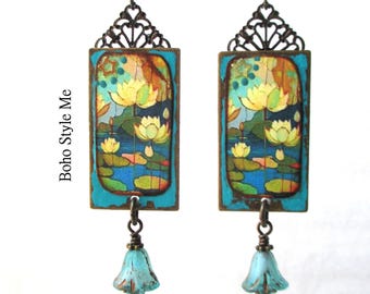 Handcrafted Water Lilies Fine Art Portrait Earrings, Lightweight Statement Dangle Earrings