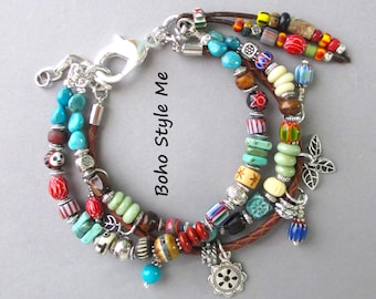 Artisan Turquoise Beaded Leather Bracelet, Boho Style Me