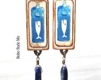 Handcrafted Whimsical Ship Whale Storytale Earrings, Lapis Lazuli Lightweight Dangle Earrings