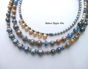 Twilight Blue Beaded Necklace: Handmade Gemstone & Brass Tiered Boho Jewelry, Boho Style Me