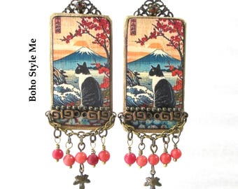 Handmade Japanese Cat Earrings, Vintage Mount Fuji Print, Unique Dangle Earrings, Boho Style Me