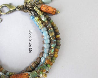 Natural Earthy Artisan Bracelet, Rustic Nuetral Color Beaded Layer Bracelet, Boho Style Me