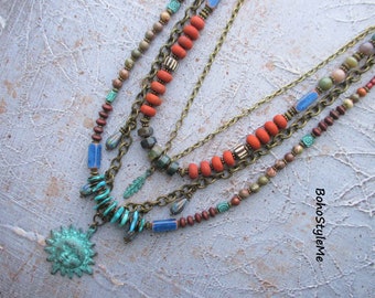 Boho Style Me Rustic Turquoise Tribal Beaded Necklace, BohoStyleMe, Handmade Bohemian Necklace, Modern Hippie Jewelry