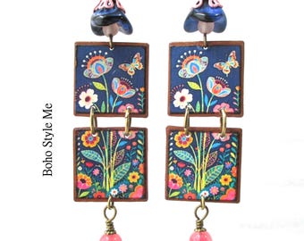 Garden Story, Handcrafted Fun Folk Art Flower Earrings, Colorful Artisan Jewelry, Boho Style Me