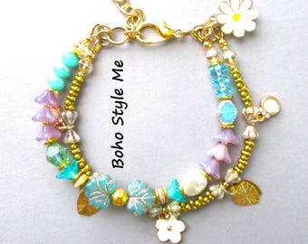 Handmade Gold Beaded Charm Bracelet: Artisan Glass Enamel Daisy Flower Bracelet, Boho Style Me