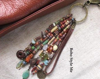 Boho Earthy Hippie Style Purse Charm Keychain, Handmade Tassel Bag Clip