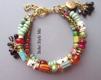 Handmade Boho Beaded Gemstone Bracelet: Artisan Gold Layer Bracelet with Garnet Charm Dangles, Boho Style Me