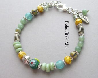 Organic Sage, Nature Inspired Minimalist Artisan Beaded Bracelet, Green Aventurine, Boho Style Me