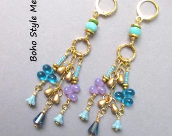 Handmade Gold Beaded Dangle Earrings: Czech Glass Flowers, Boho Style