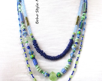 Artisan Beaded Layered Necklace, Blue Green Peridot Quartz, Antique Brass Findings